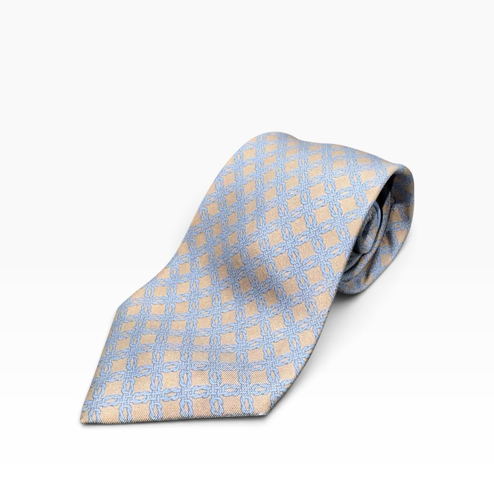 HERMES Paris 100% Silk Tie Beige Light Blue Geometric Chain Link 3.5"